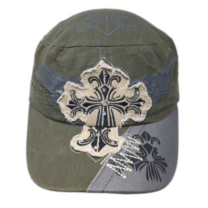 Army Cap Green One Size Distressed Cross Rhinestone Studs Fleur De Lis Wing Hat