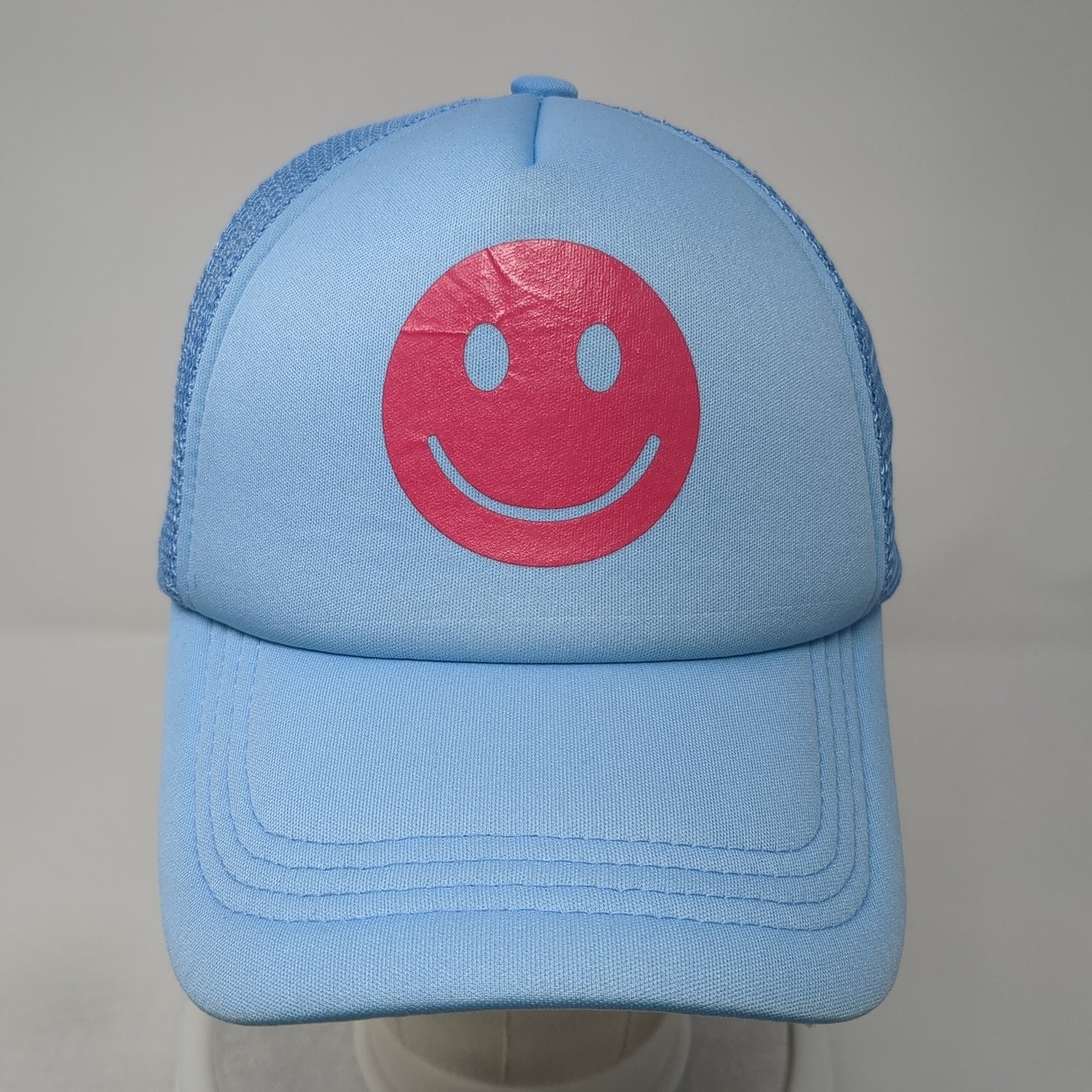Smiley Face Snapback Mesh Back Trucker Hat Blue One Size Adjustable