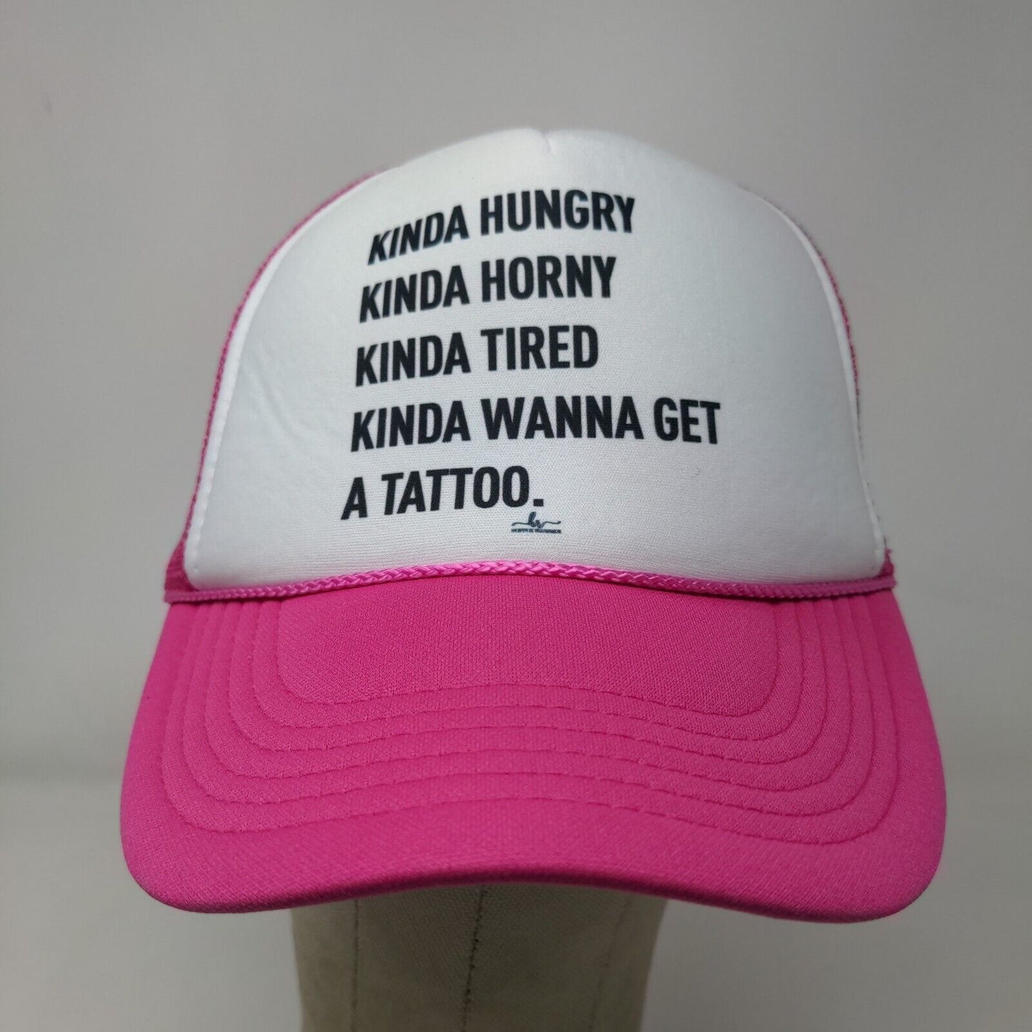 Nissun Womens Snapback Mesh Back Hat White Pink Graphic Kinda Hungry Kinda Tired