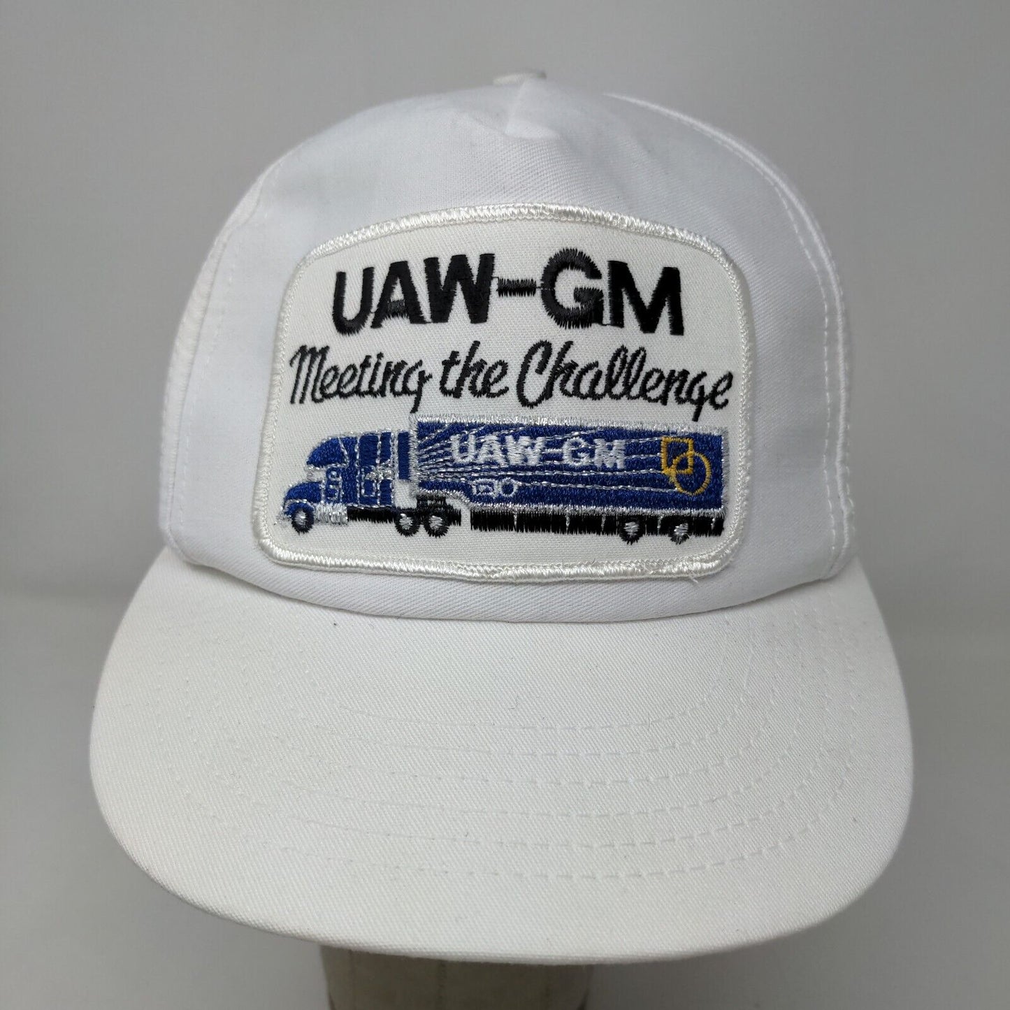 UAW-GM Men's Slideback Trucker Hat White Embroidered Vintage Logo Union