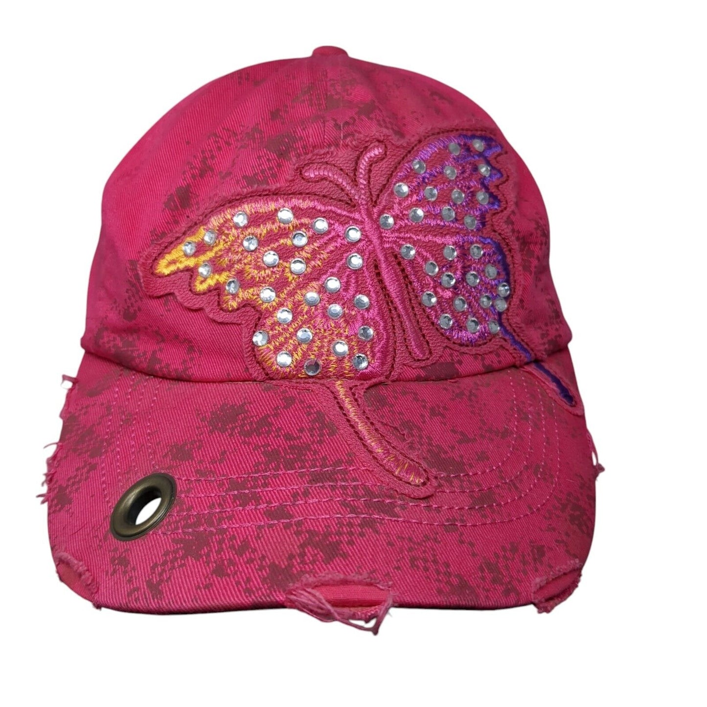 Butterfly Rhinestone Bling Slideback Hat Pink One Size Adjustable Distressed