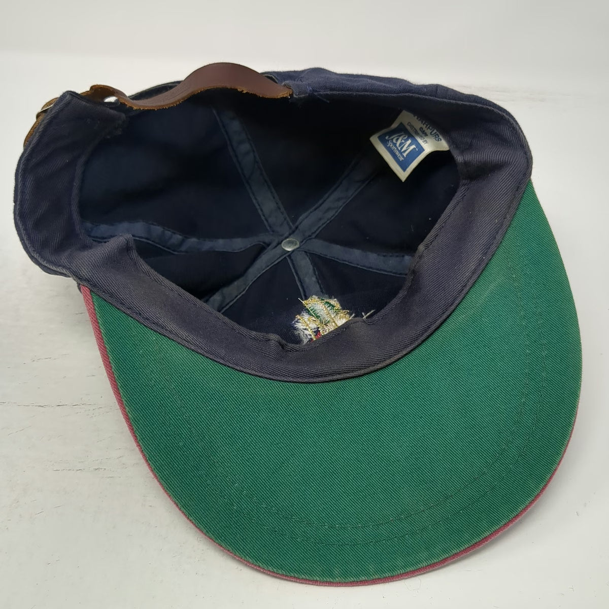 J&M Sportswear Baseball Cap Blue Red One Size Leather Strapback Canada Made Hat