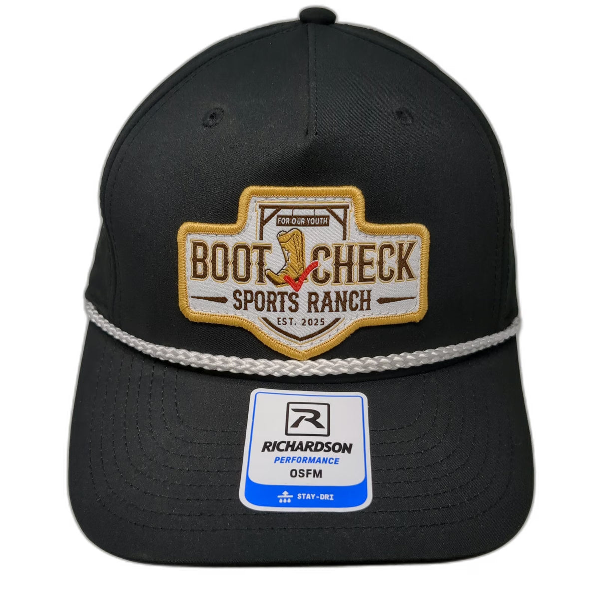 Richardson 5 Panel Black Hat One Size Boot Check Sports Ranch Rope Snapback