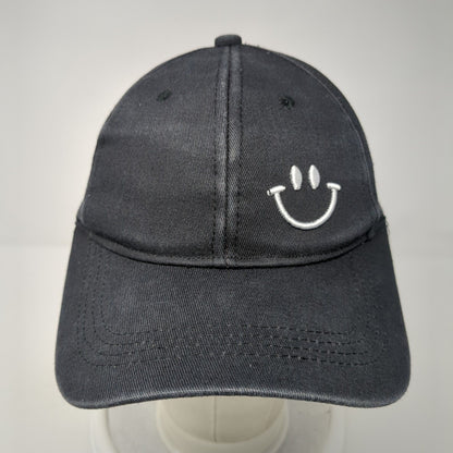 Smiley Slideback Hat Black One Size Adjustable Embroidered Vented Holes 6 Panel