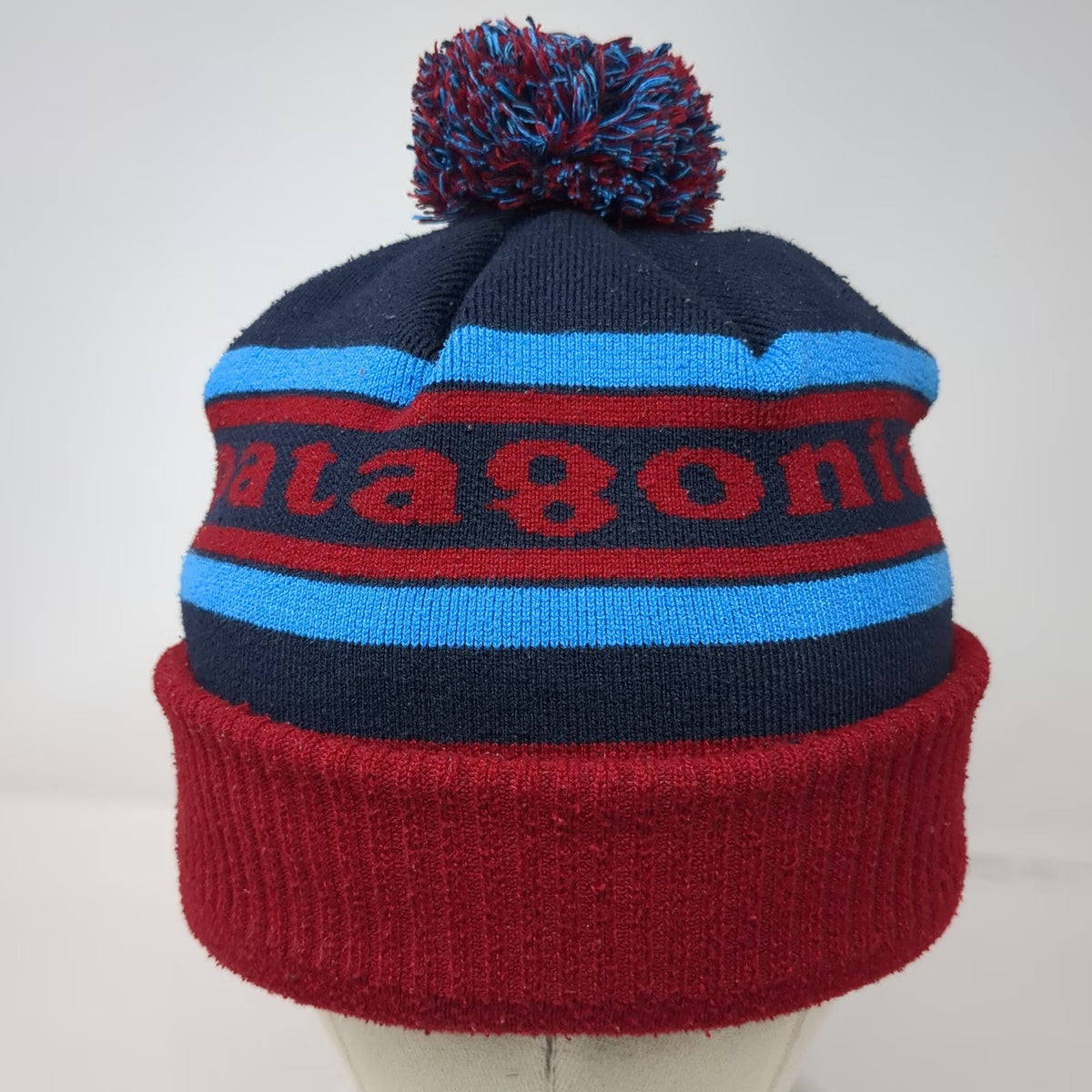 Patagonia Beanie Blue Red One Size Pom Pom Cuffed Striped Logo Winter Knit Hat