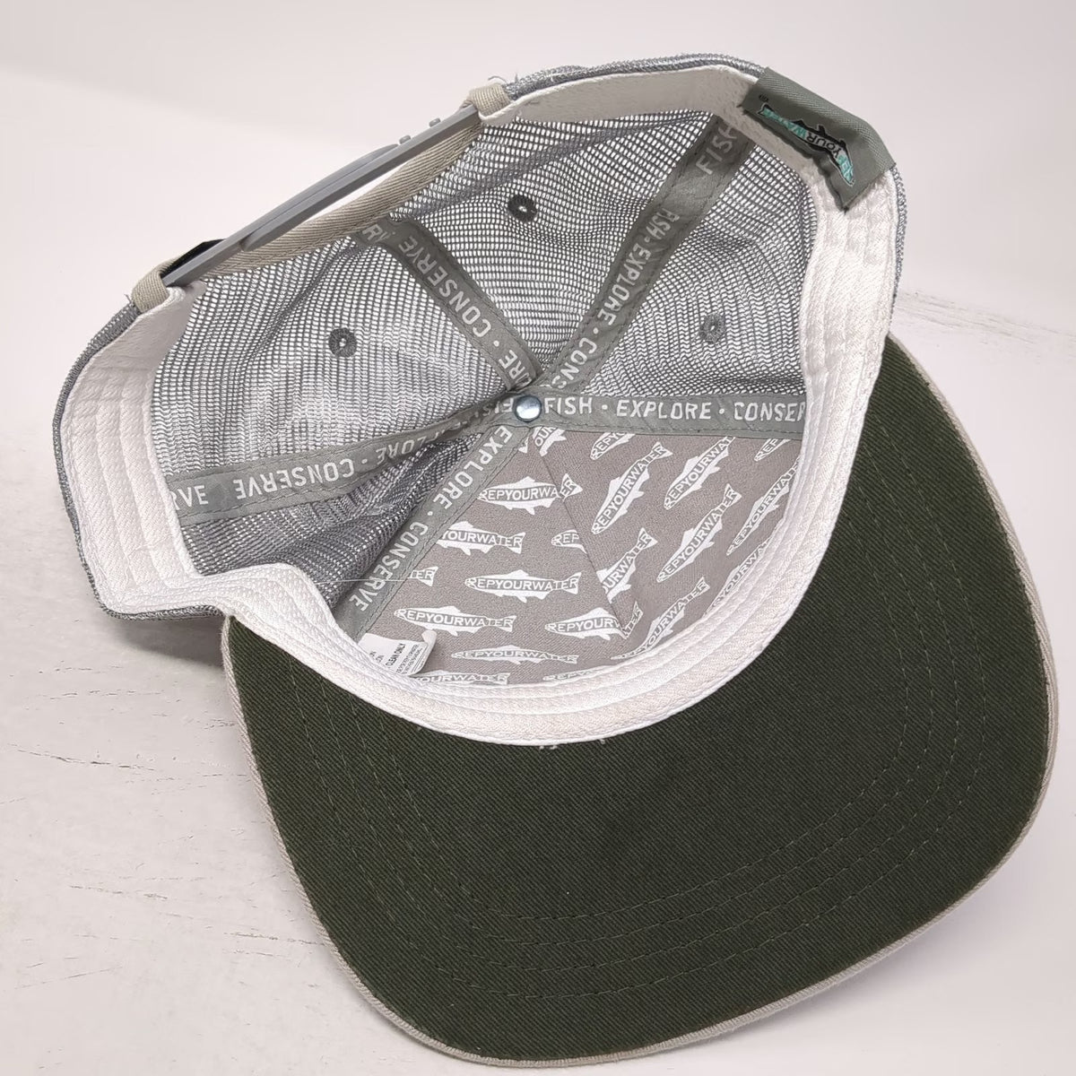 RepYourWater Trucker Hat Gray Beige One Size Rainbow Trout Fish Mesh Back