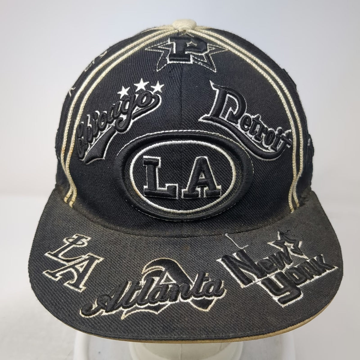 Leader Baseball Cap Black L Cities All Over Embroidery Fitted Flat Brim Hat