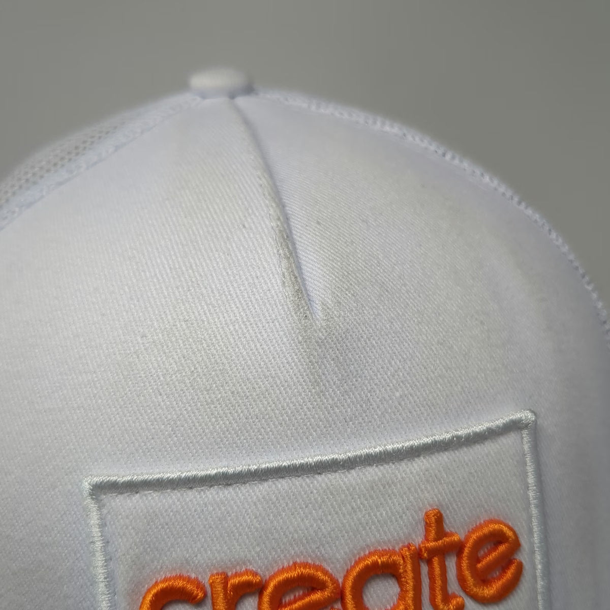 Create Trucker Hat White One Size Orange Embroidered Patch Mesh Back Snapback