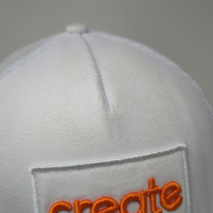 Create Trucker Hat White One Size Orange Embroidered Patch Mesh Back Snapback