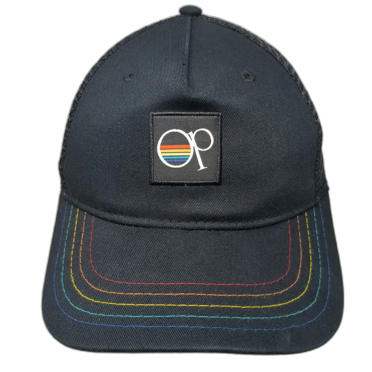 Ocean Pacific Trucker Hat Black One Size Rainbow Stitching Mesh Snapback Logo