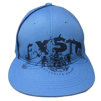 Exsto Blue Baseball Cap 7 1/2 Fitted Flat Brim Graphic Logo Shield Crest Hat