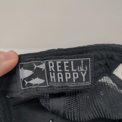 Reel Happy Fish Snapback Mesh Back Trucker Hat Black One Size 6 Panel