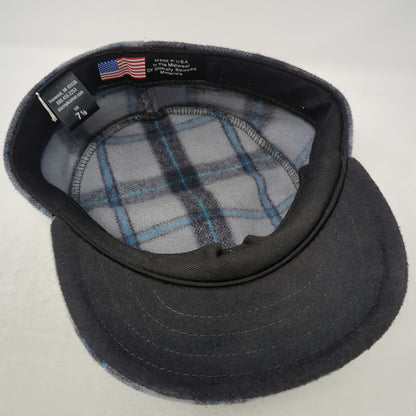 Stormy Kromer Gray Plaid Army Cap 7 1/8 Wool Made in USA Hat Blue Black Fitted