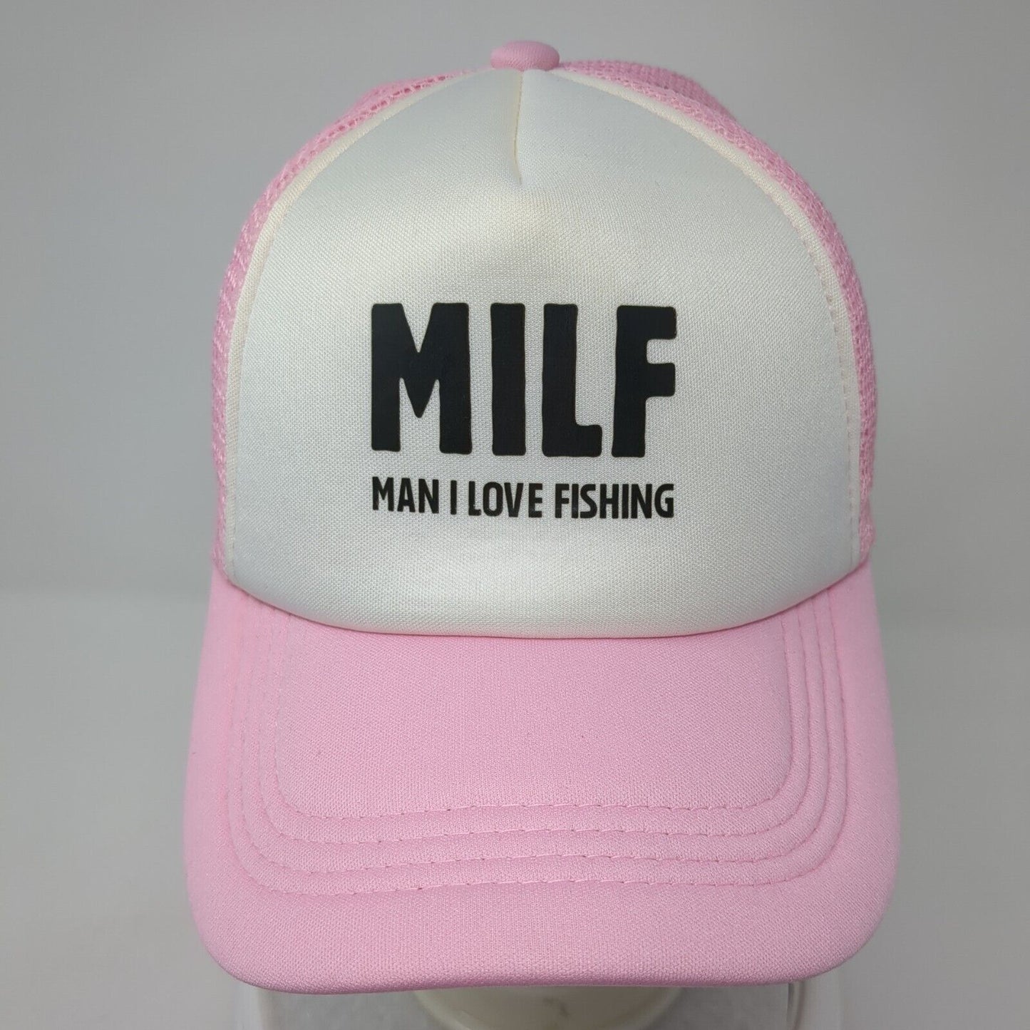 MILF Man I Love Fishing Snapback Trucker Hat Pink One Size Adjustable Mesh Back