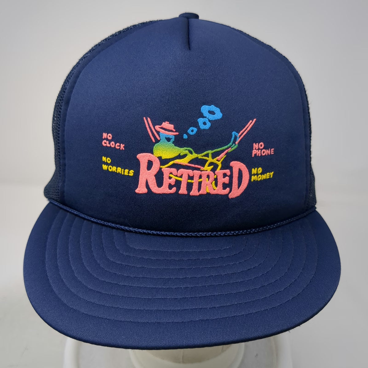 Blue Trucker Hat One Size Snapback Retired No Clock No Phone Mesh Rope Cap