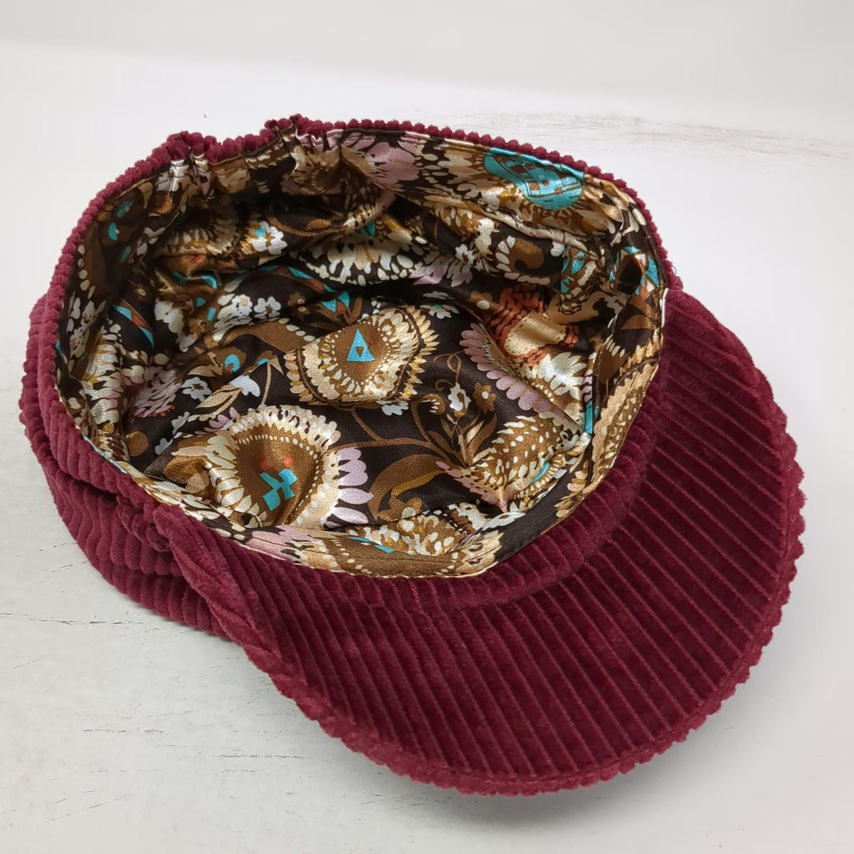 Army Cap Red One Size Corduroy Floral Lining Elastic Back Flat Top Military Hat