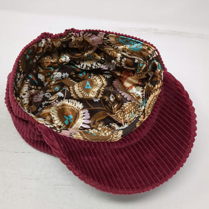 Army Cap Red One Size Corduroy Floral Lining Elastic Back Flat Top Military Hat