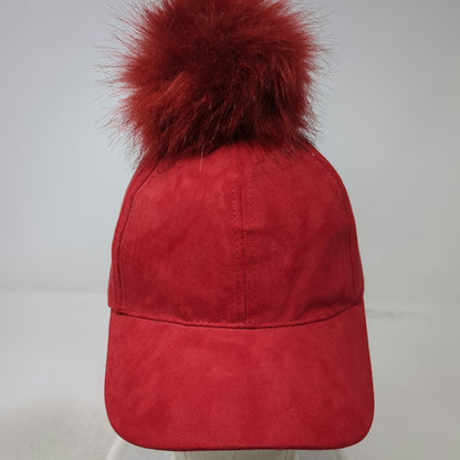 Red Baseball Cap One Size Strapback Faux Suede Pom Pom Fuzzy Furry Top Solid Hat