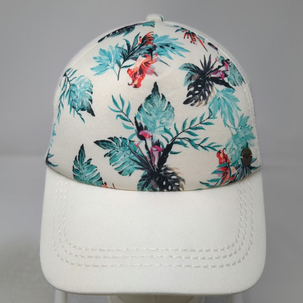 Roxy Trucker Hat White One Size Tropical Floral Print Mesh Back Summer Snapback