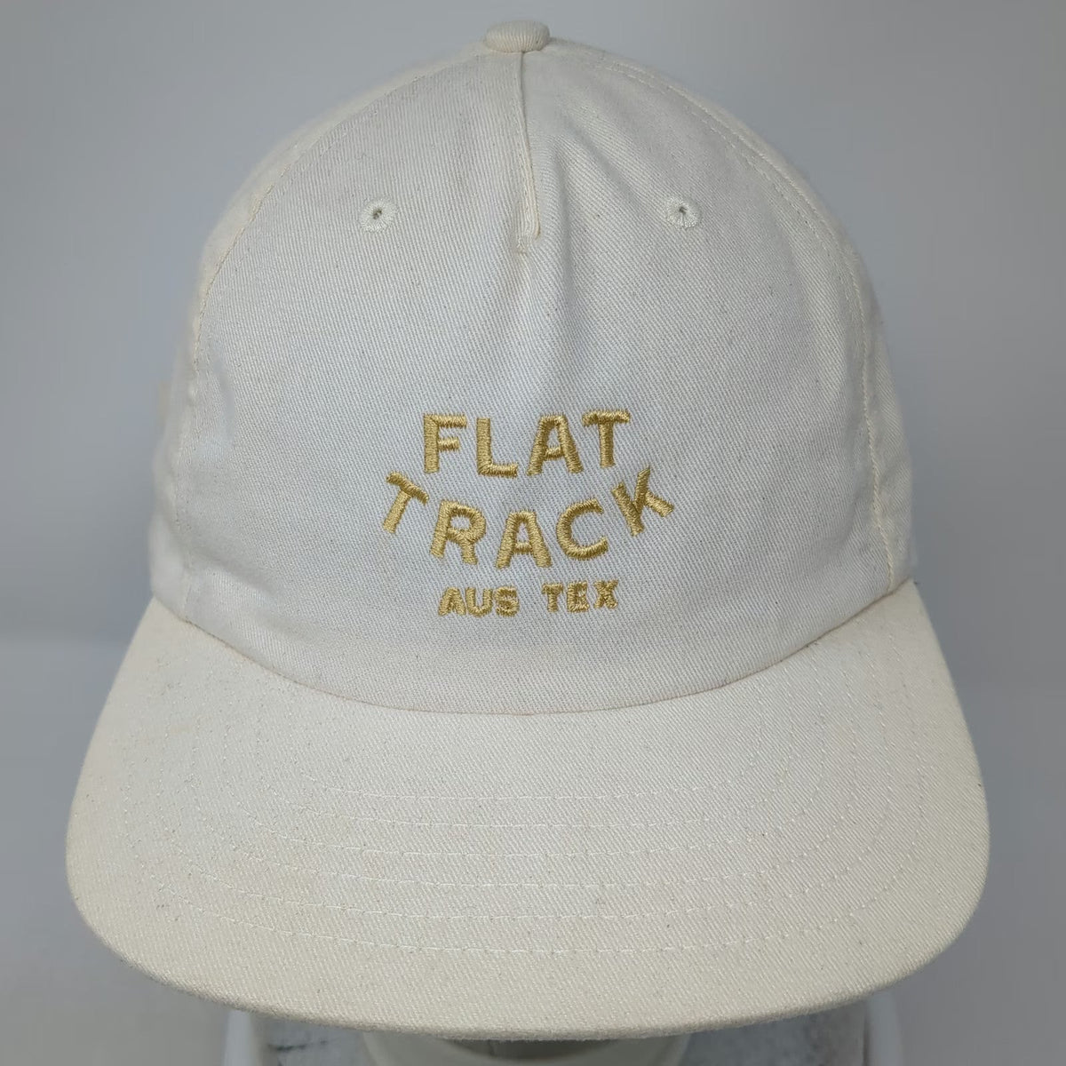 Flat Track Aus Tex 5 Panel Hat Beige One Size Gold Embroidery Made In USA Strap