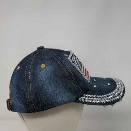 American Flag Bling Slideback Hat Blue One Size Patriotic Distressed Denim