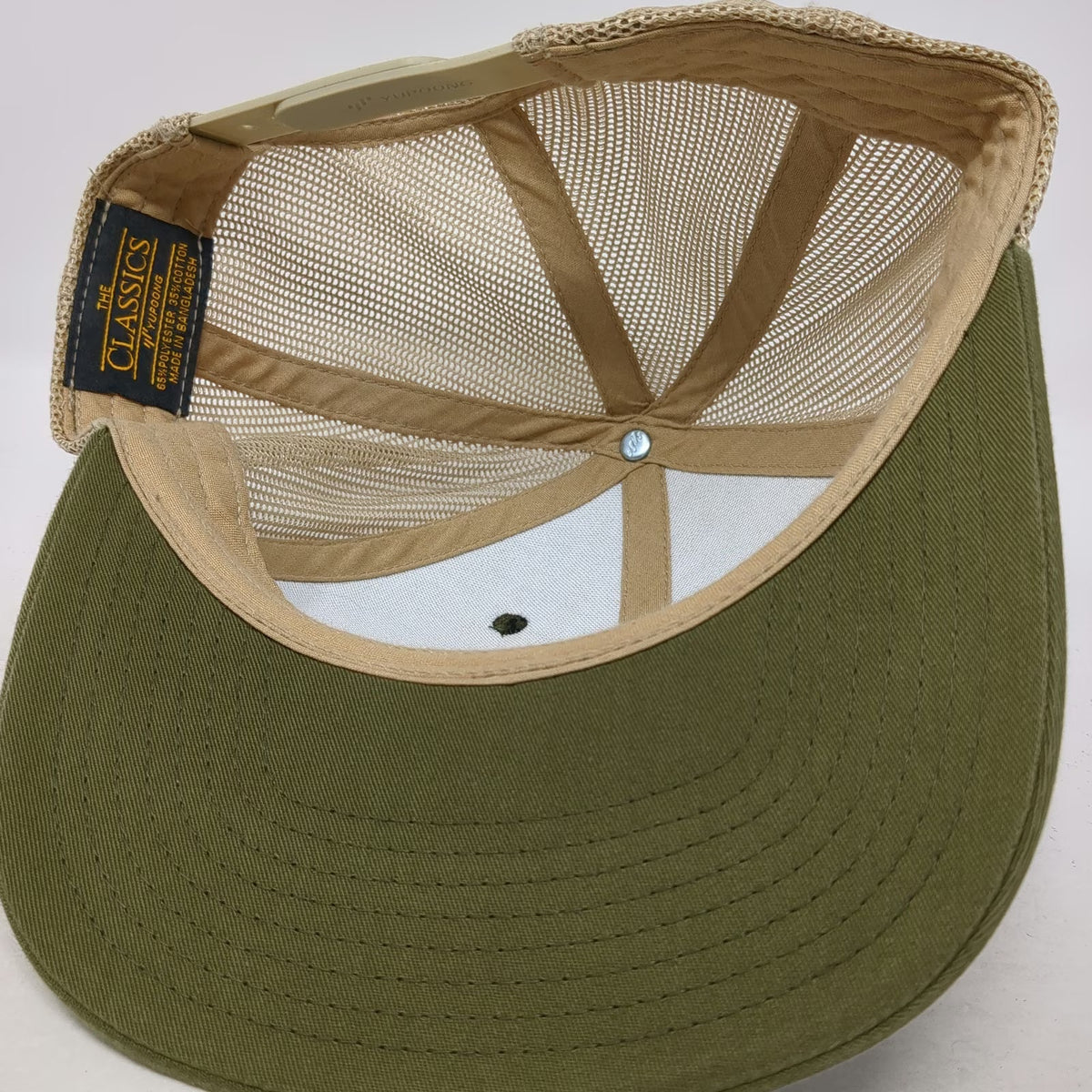 Yupoong Trucker Hat Green Beige One Size Idaho Steel Leather Patch Snapback Mesh