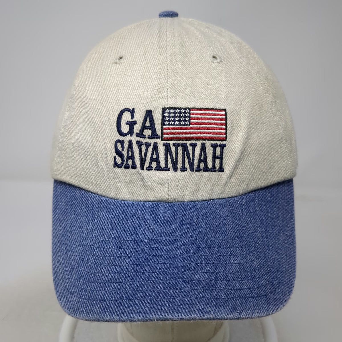 Twins Enterprise Baseball Cap Beige Blue OSFM Savannah GA USA Flag Strapback hat