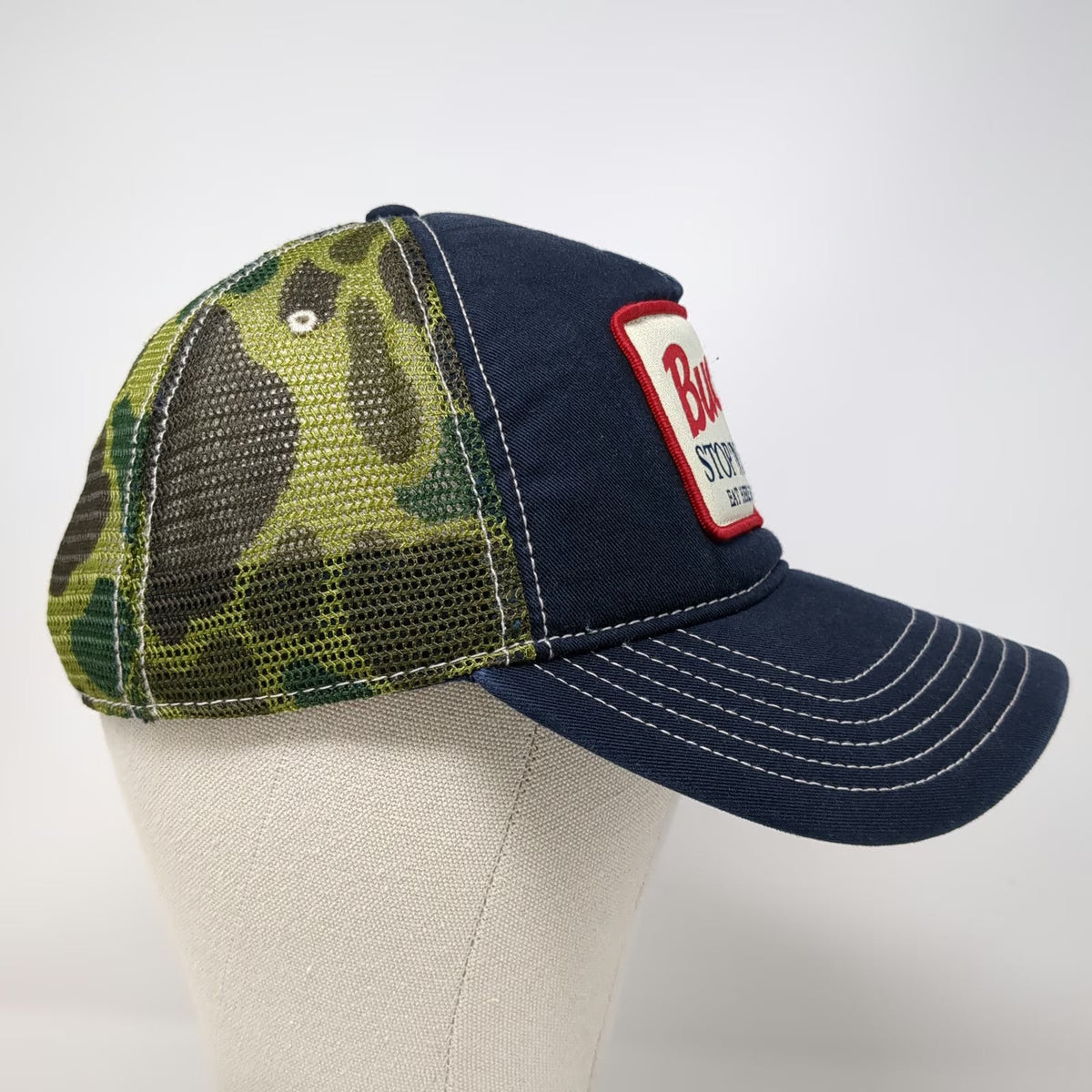 Big Authentic Rough Wear Trucker Hat Blue One Size Buck's Stop N Shop Camo Mesh