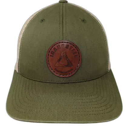 Yupoong Trucker Hat Green Beige One Size Idaho Steel Leather Patch Snapback Mesh