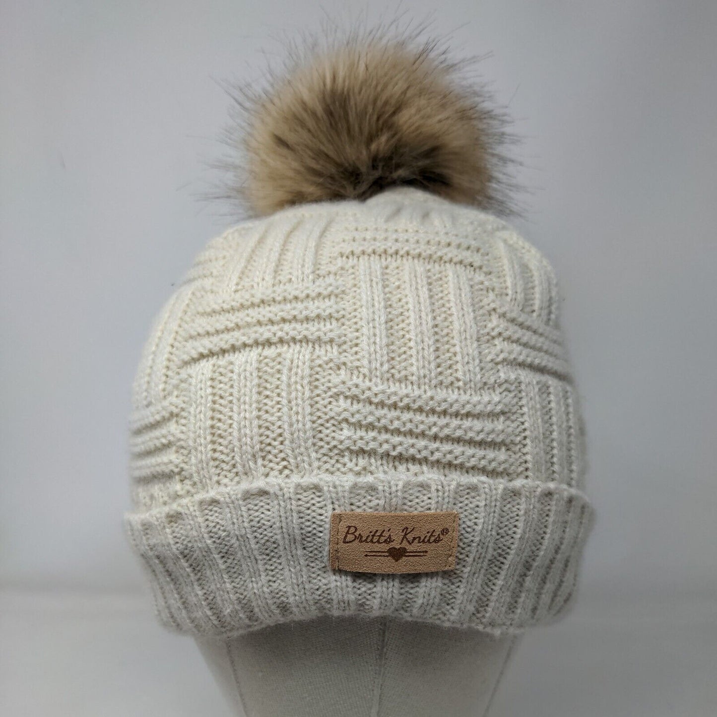 Britt's Knits Beanie Hat Cream One Size Hand Knitted Faux Fur Pom Pom