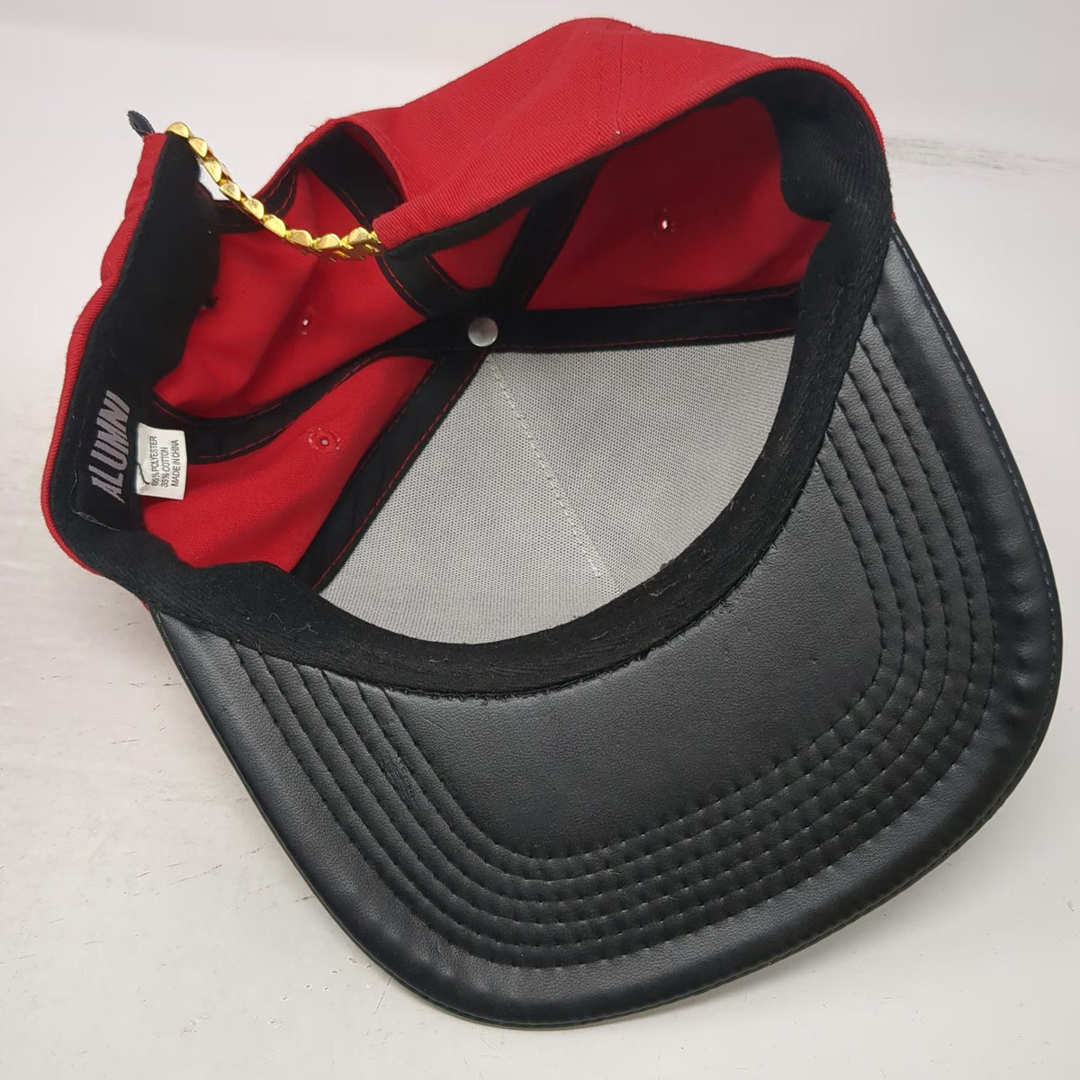 Alumni 5 Panel Red Hat One Size Watchband Strapback Metal Logo Black Flat Brim