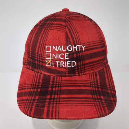 Naughty Nice I Tried Strapback Hat Red OS Adjustable Plaid 6 Panel Polyester