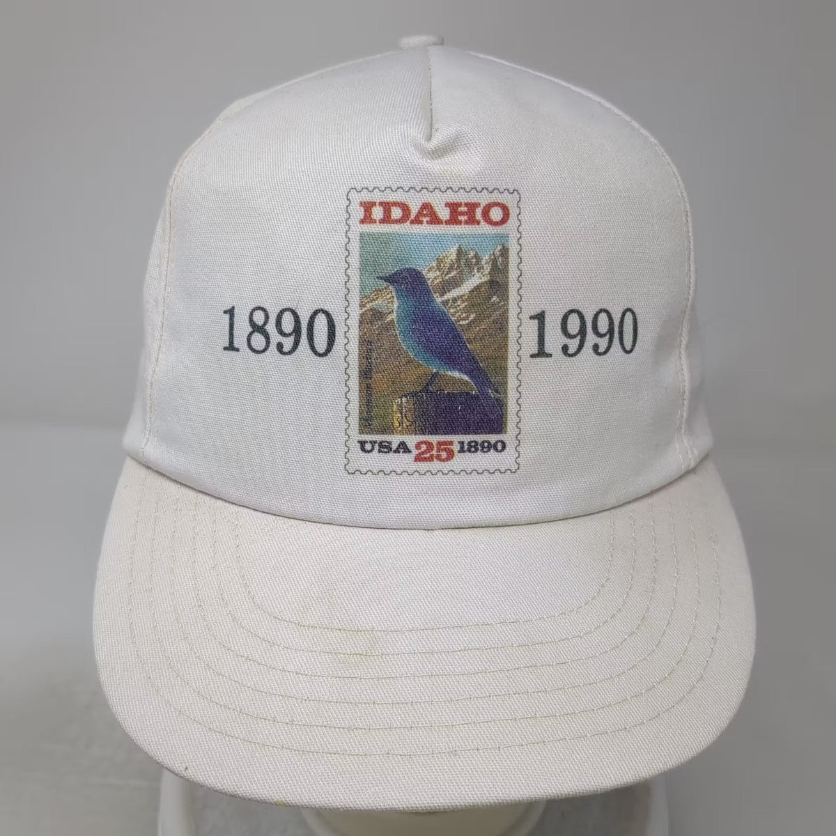 White Idaho Centennial 1890-1990 Postage Stamp 5 Panel Snapback Hat OS Vintage