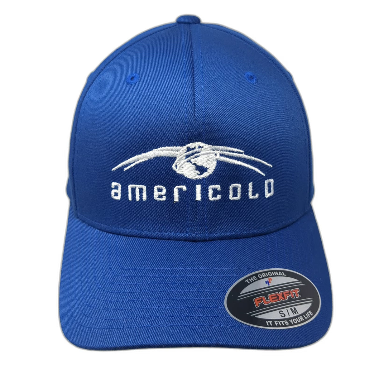 Flexfit Baseball Cap Blue M Structured Stretch Fit Americold Logo Grey Brim Hat