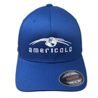 Flexfit Baseball Cap Blue M Structured Stretch Fit Americold Logo Grey Brim Hat