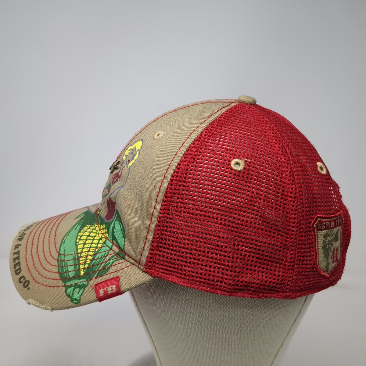 Farm Boy Baseball Cap Beige Red One Size Pinup Girl Corn Mesh Star Graphic Hat