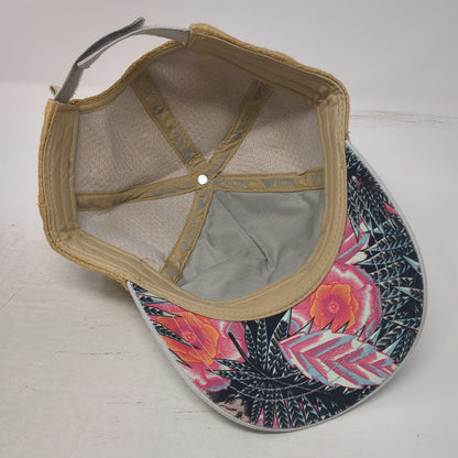 Roxy 5 Panel Gray Hat OSFM Woven Straw Back Floral Under Brim Strapback Patch