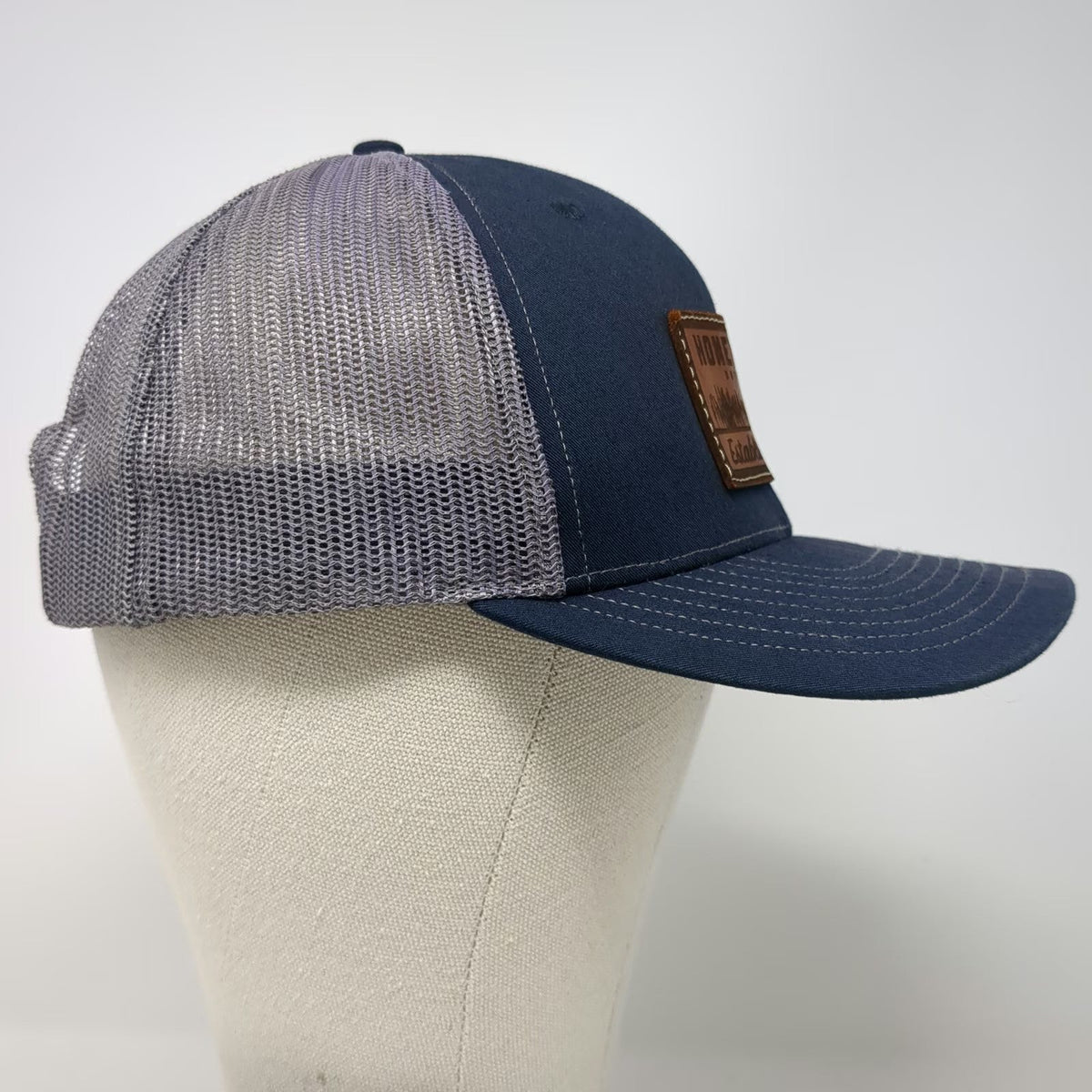 Richardson 112 Trucker Hat Blue Gray One Size Honey Hole Outdoors Leather Patch