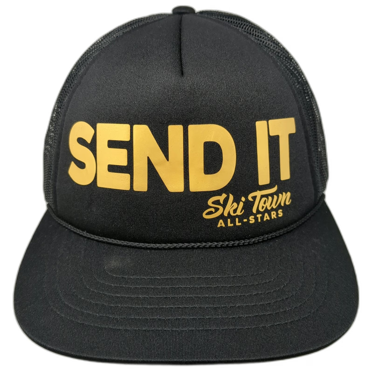 Richardson Trucker Hat Black One Size Send It Ski Town All-Stars Yellow Rope