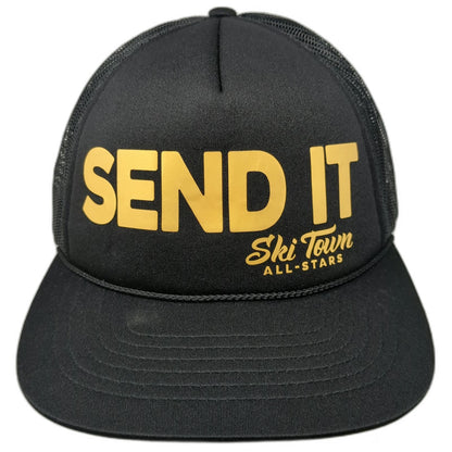 Richardson Trucker Hat Black One Size Send It Ski Town All-Stars Yellow Rope