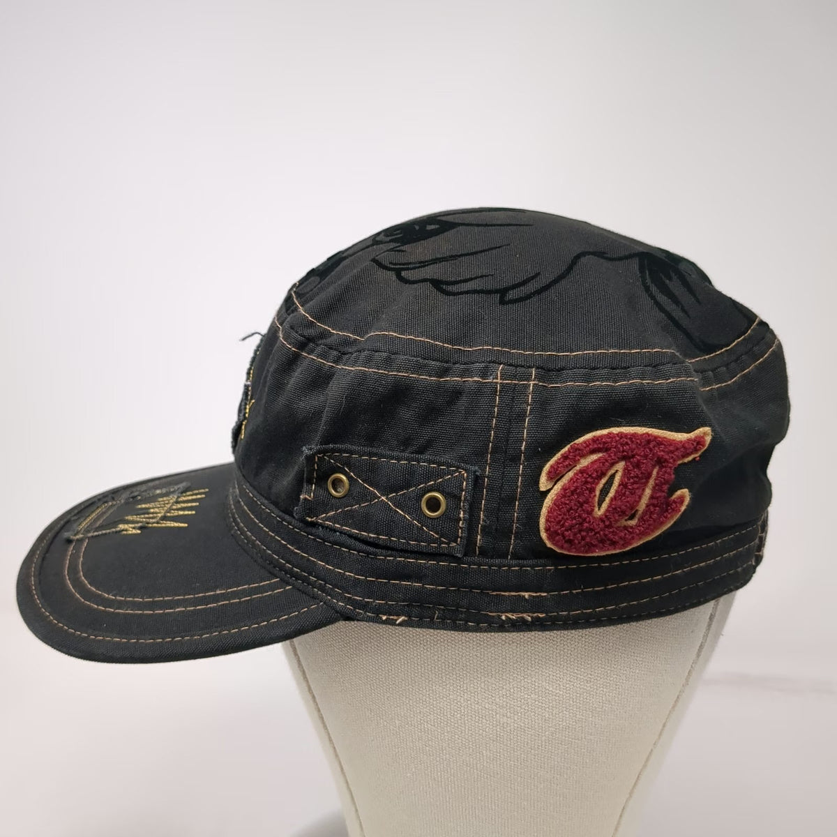 Walt Disney World Army Cap Black One Size Tinkerbell Chenille D Patch Hat Stitch