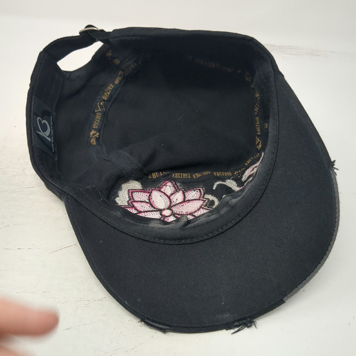 KBETHOS Black Army Cap OSFM Floral Butterfly Rhinestone Distressed Hat Slideback