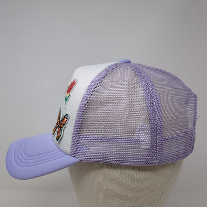 Butterfly Sunflower Patch Snapback Trucker Hat Purple One Size Mesh Back