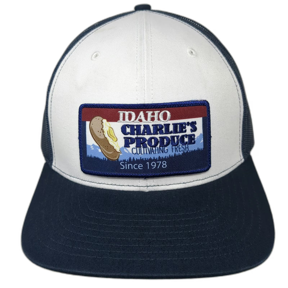 Richardson Trucker Hat Blue L Idaho Charlies Produce Patch Snapback Mesh Logo