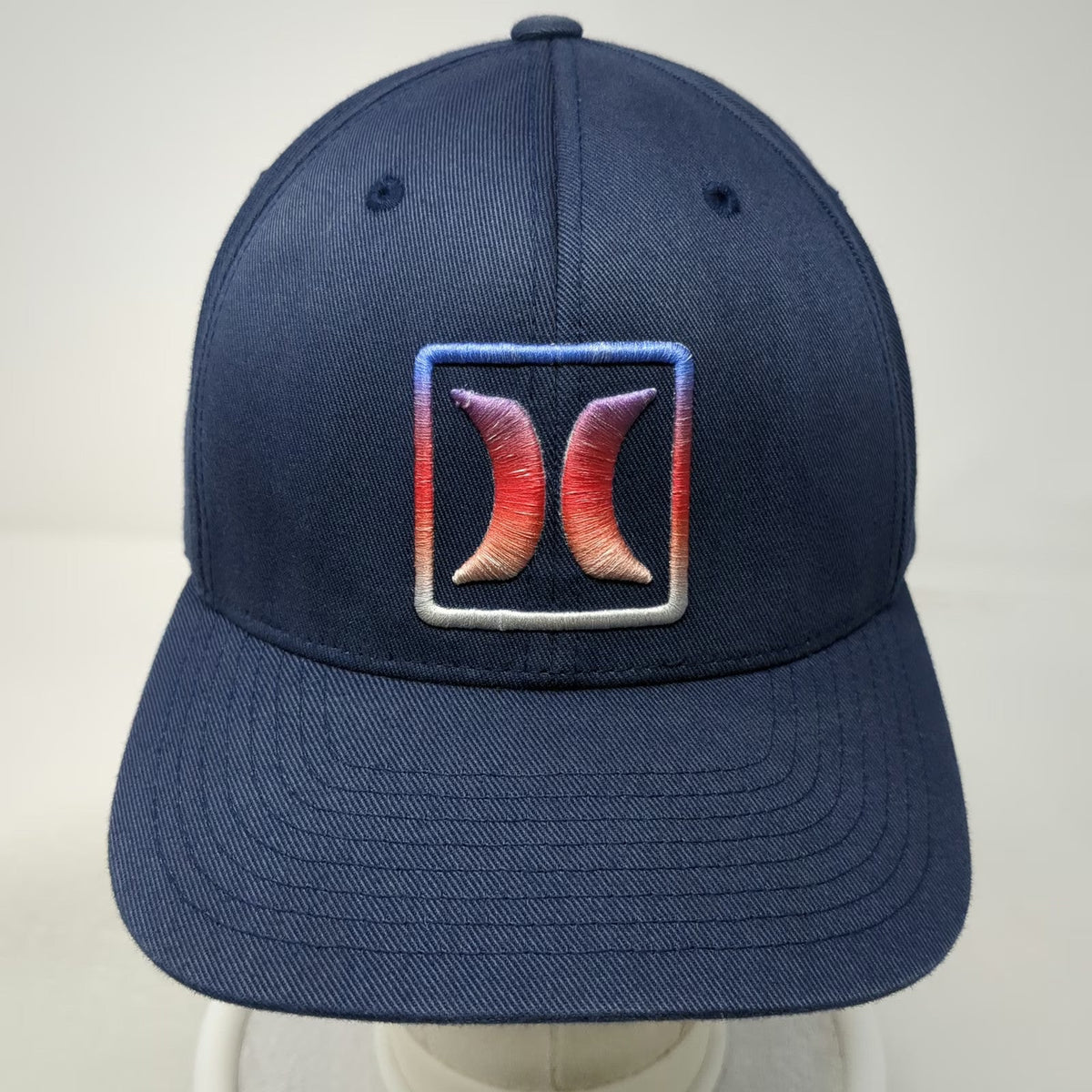 Hurley Baseball Cap Blue XL Fitted Flexfit Stretch Gradient Square Logo Hat