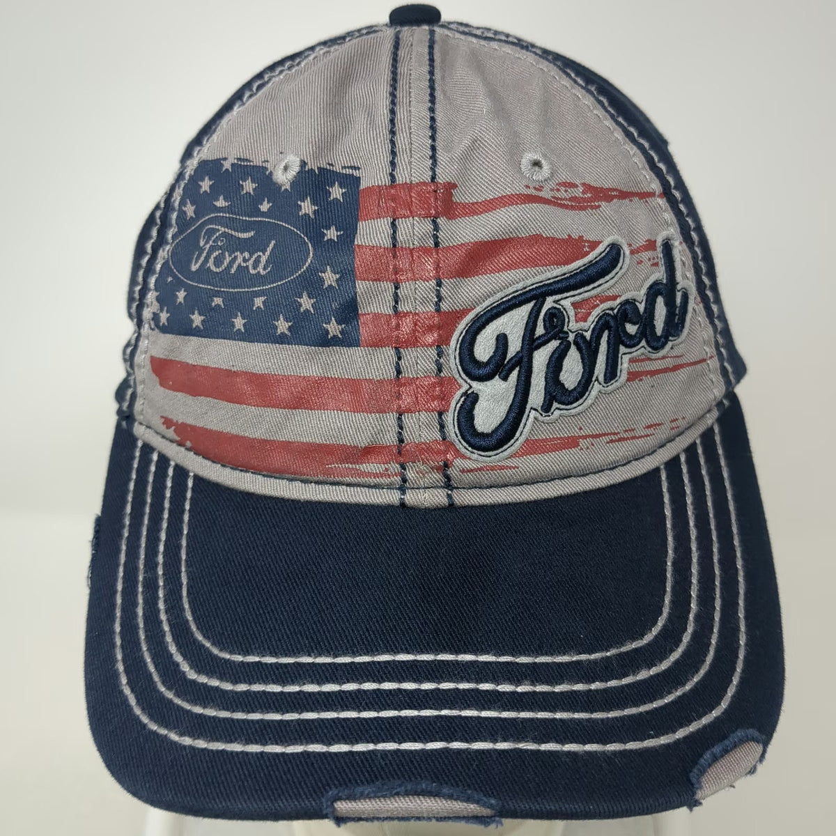 H3 Headwear Baseball Cap Blue One Size Ford American Flag Distressed Hat Stitch