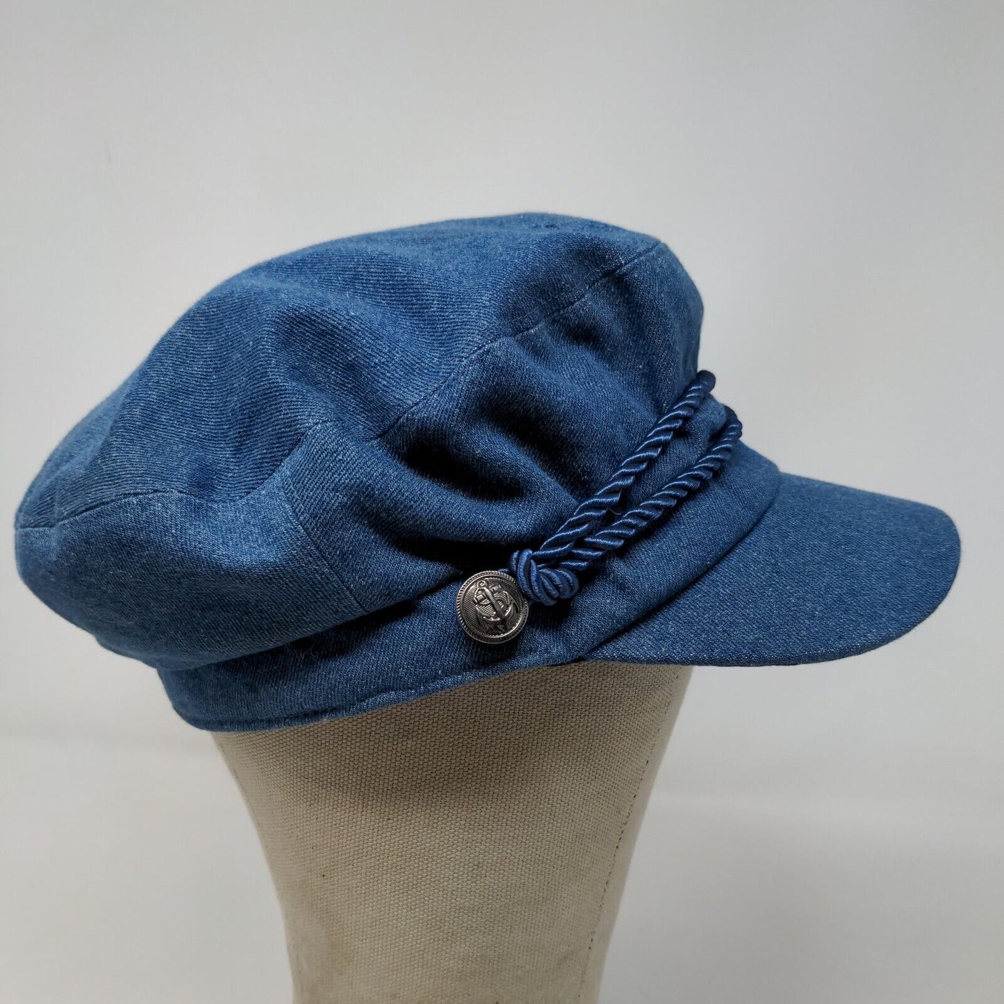 Time & Tru Women's Denim Cap Hat Blue Size OS Metal Button Logo Ropes