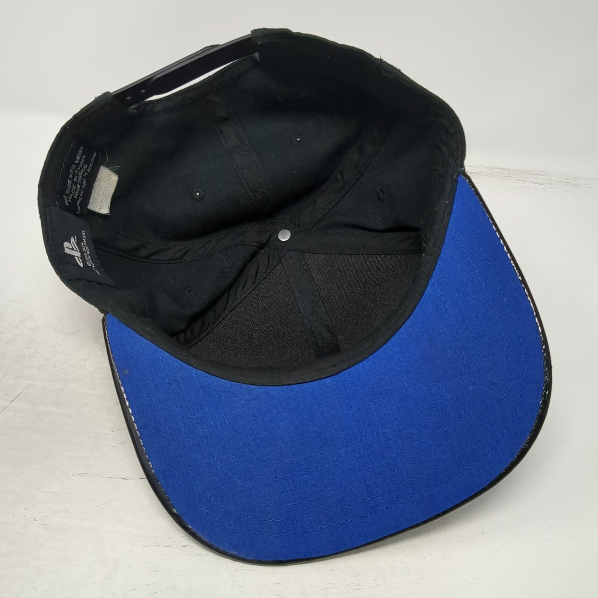 PlayStation Snapback Hat Black One Size Shiny Flat Brim Blue Underbrim Symbols