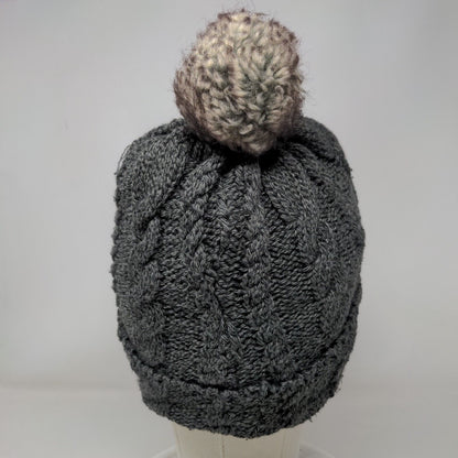 Arctic Paw Beanie Hat Gray OS Stretch Hand Knitted Pom Pom Fleece Lined Blank