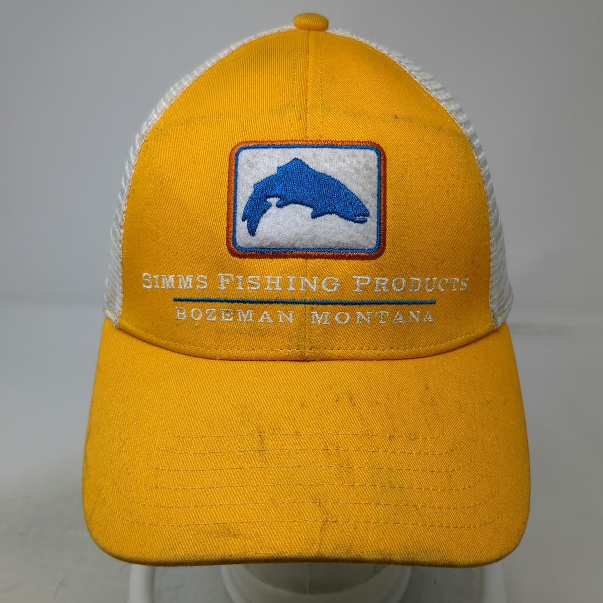 Simms Trucker Hat Yellow One Size Fish Patch Mesh Back Bozeman Montana Snapback